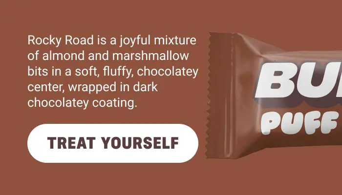 A joyful mixture of almond and marshmallow bits in a soft, fluffy, chocolatey center, wrapped in a dark chocolatey coating. Treat yourself now!