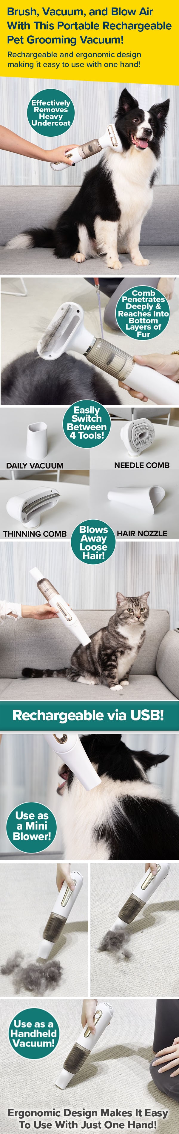 Brush, Vacuum, and Blow Air With This Portable, Rechargeable Pet Grooming Vacuum!