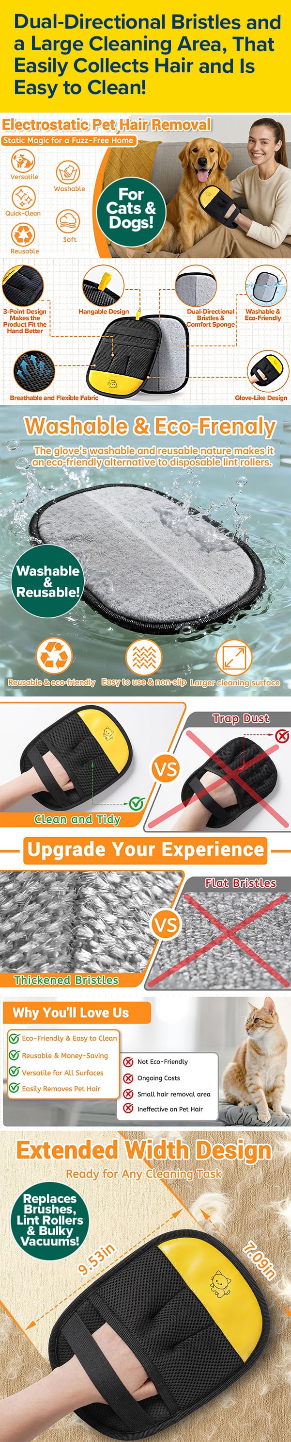 Dual-Directional Bristles and a Large Cleaning Area, That Easily Collects Hair and Is Easy to Clean!