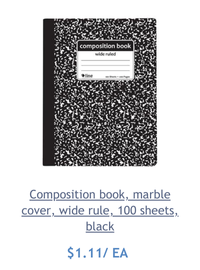 Composition book, marble cover, wide rule, 100 sheets, black, 1/EA