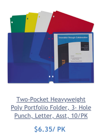 Two-Pocket Heavyweight Poly Portfolio Folder, 3-Hole Punch, Letter, Asst, 10/PK