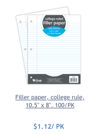 Filler paper, college rule, 10.5" x 8", 100/PK
