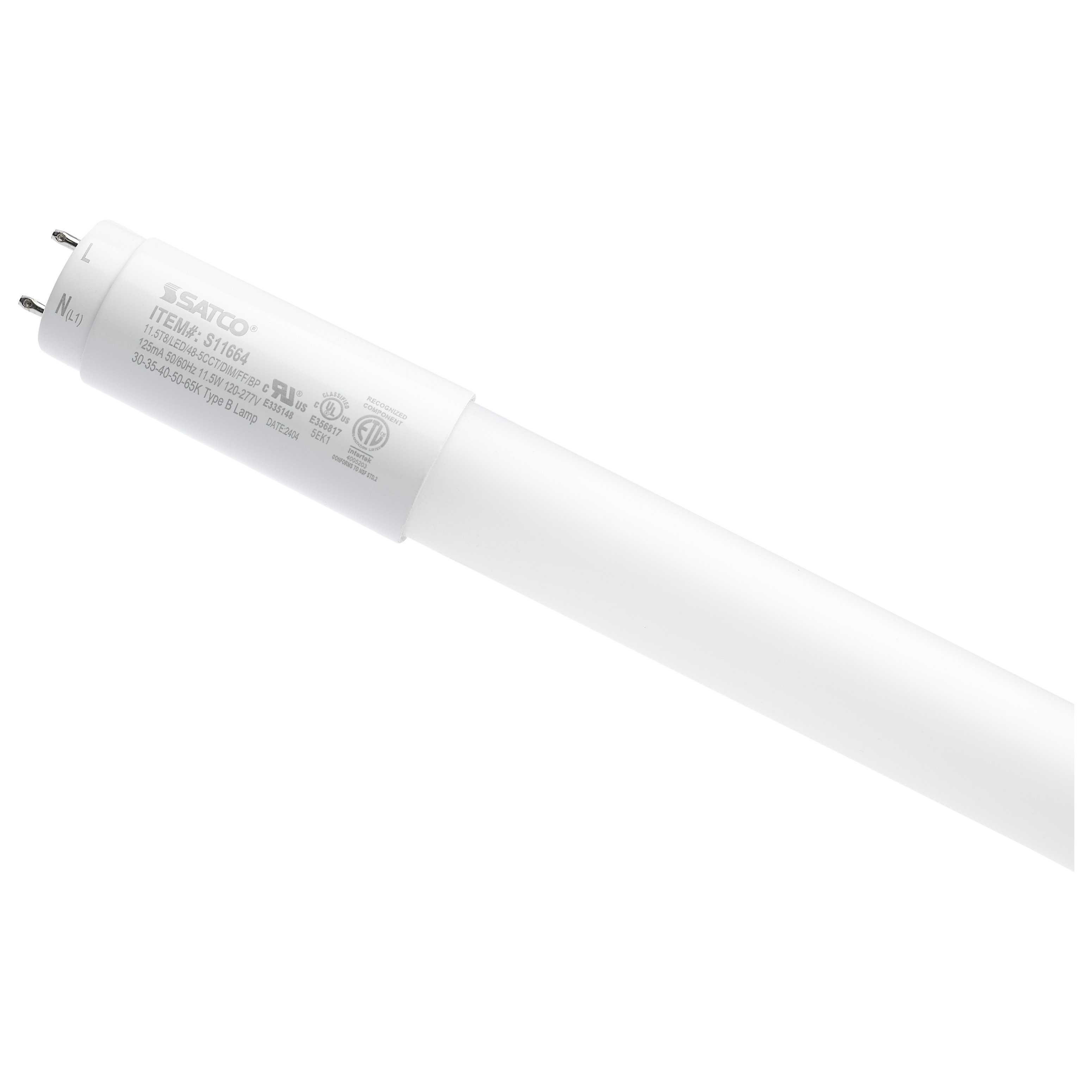 Image of Satco S11664 11.5 Watt T8 LED - 48 Inch - 30K/35K/40K/50K/65K CCT Selectable - Low Optical Flicker (less than 5%) - Medium Bi Pin Base - Type B Ballast Bypass - 120-277 Volt - Frost Finish