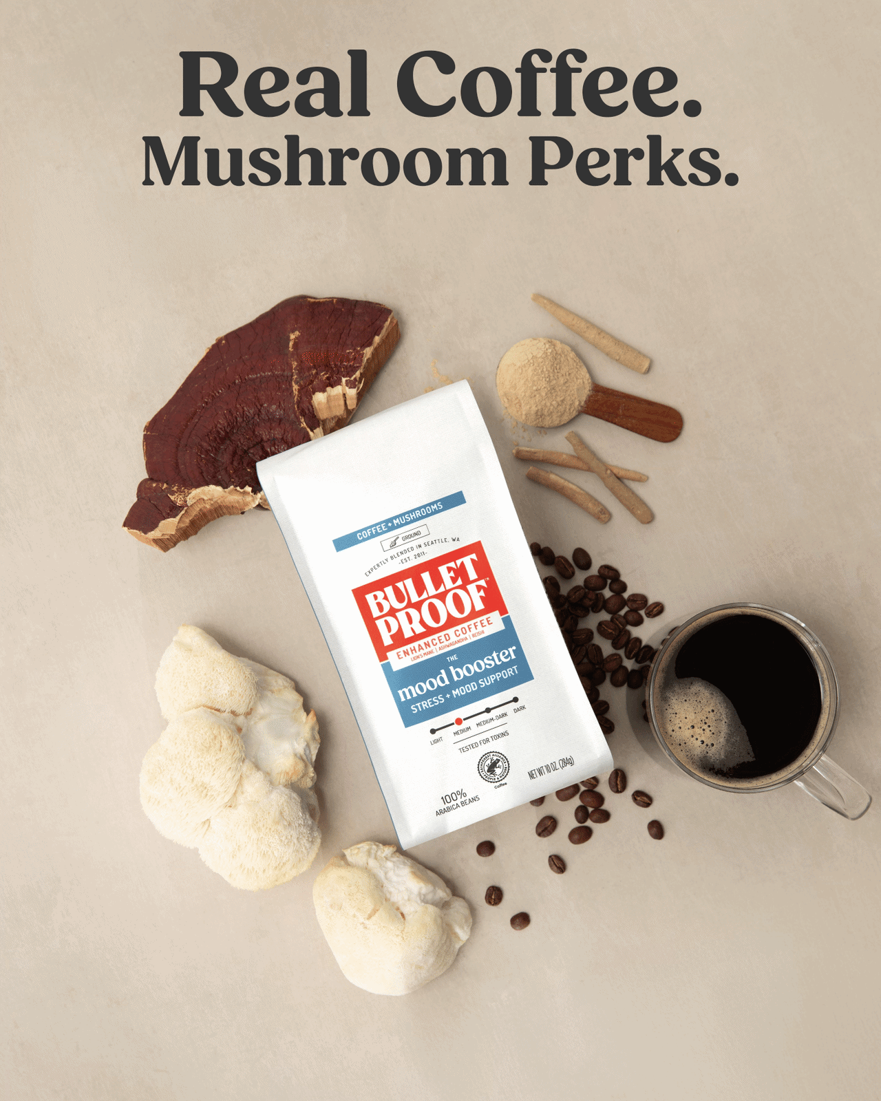 real coffee, mushroom perks