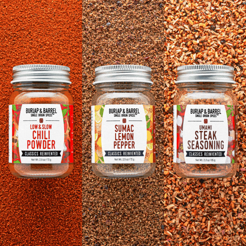 Classics Reinvented Blends: Sumac Lemon Pepper, Umami Steak Seasoning, Low & Slow Chili Powder
