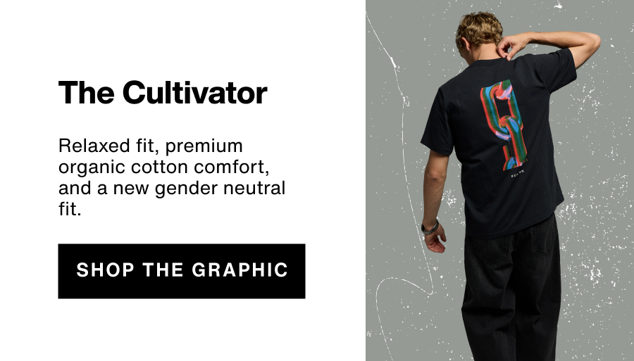 Image of The Cultivator board graphic tee with the text: Relaxed fit, premium organic cotton comfort, and a new gender neutral fit.