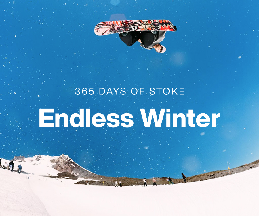 Image of a snowboarder in the park with the text 365 Days of Stoke: Endless Winter