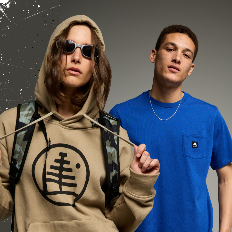 Image of two people wearing a Burton Family Tree Pullover Hoodie in Summit Taupe and a Burton Colfax T-Shirt in Jake Blue