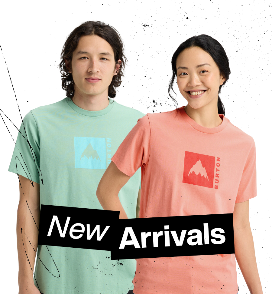The Burton Classic Mountain Short Sleeve T-Shirt in the new teal and coral with the headline New Arrivals