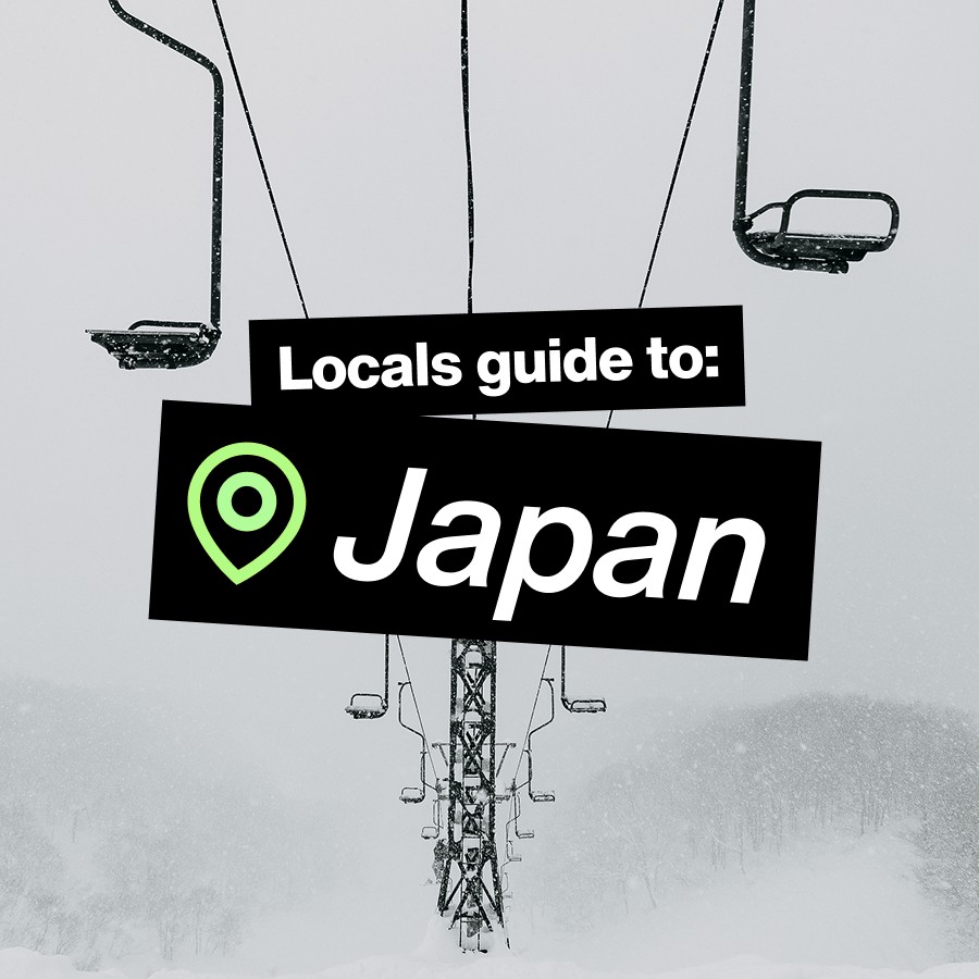 One-seater chair lift in snowy Japan landscape with the headline Locals guide to: Japan