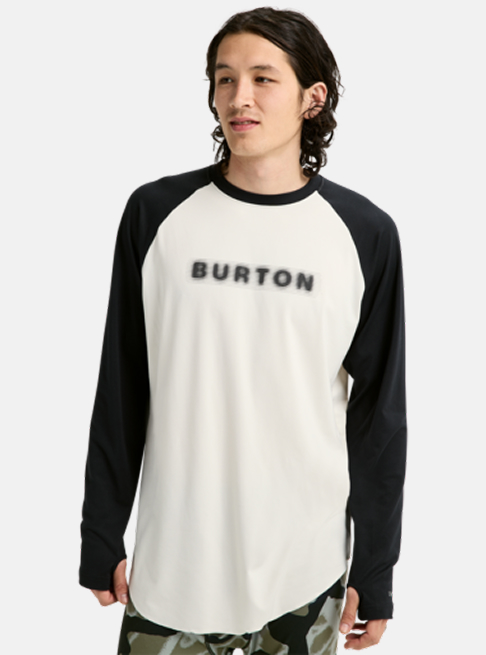 The Men's Burton Roadie Base Layer Tech T-Shirt in white and black with Burton in a blurred font