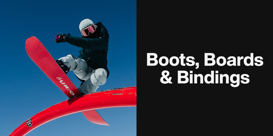 Rider on a pipe in the park on the Women's Burton Talent Scount Snowboard wearing Burton Outerwear with the headline Boots, Boards & Bindings