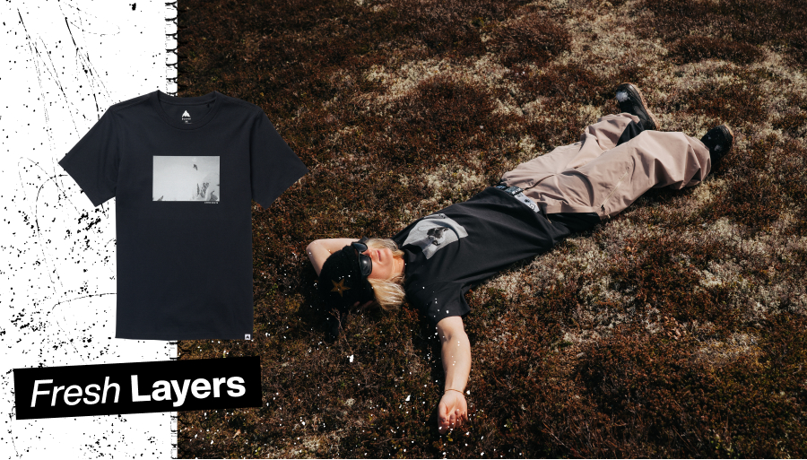 Burton Rider, Ylfa lying on a field in Burton Outerwear, with the text Fresh Layers