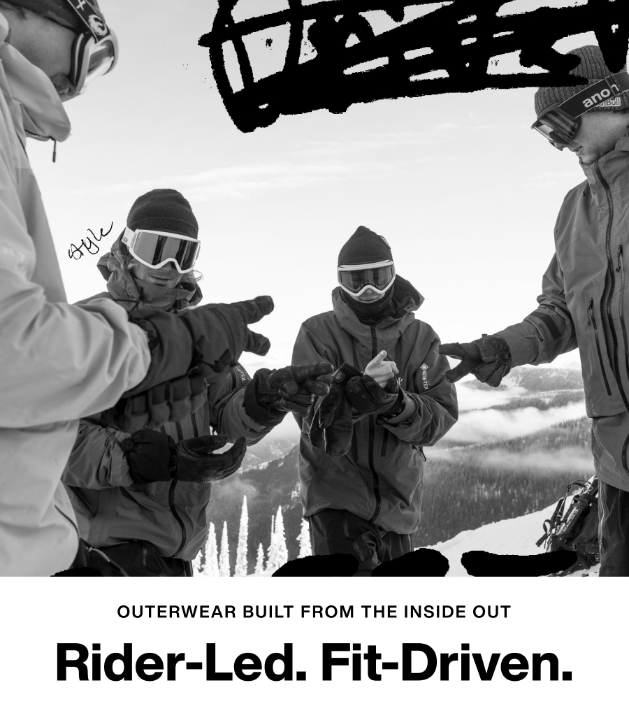 Greyscale image of Burton riders playing rock, paper, scissorts on a snowy mountain with the text 'Rider-Led. Fit-Driven.: Outerwear Built from the Inside Out'