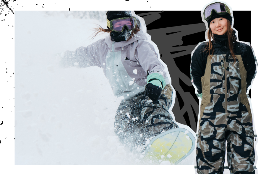 Burton Rider, Leila Iwabuchi riding powder in Burton Reserve 2L Jacket and Bib.