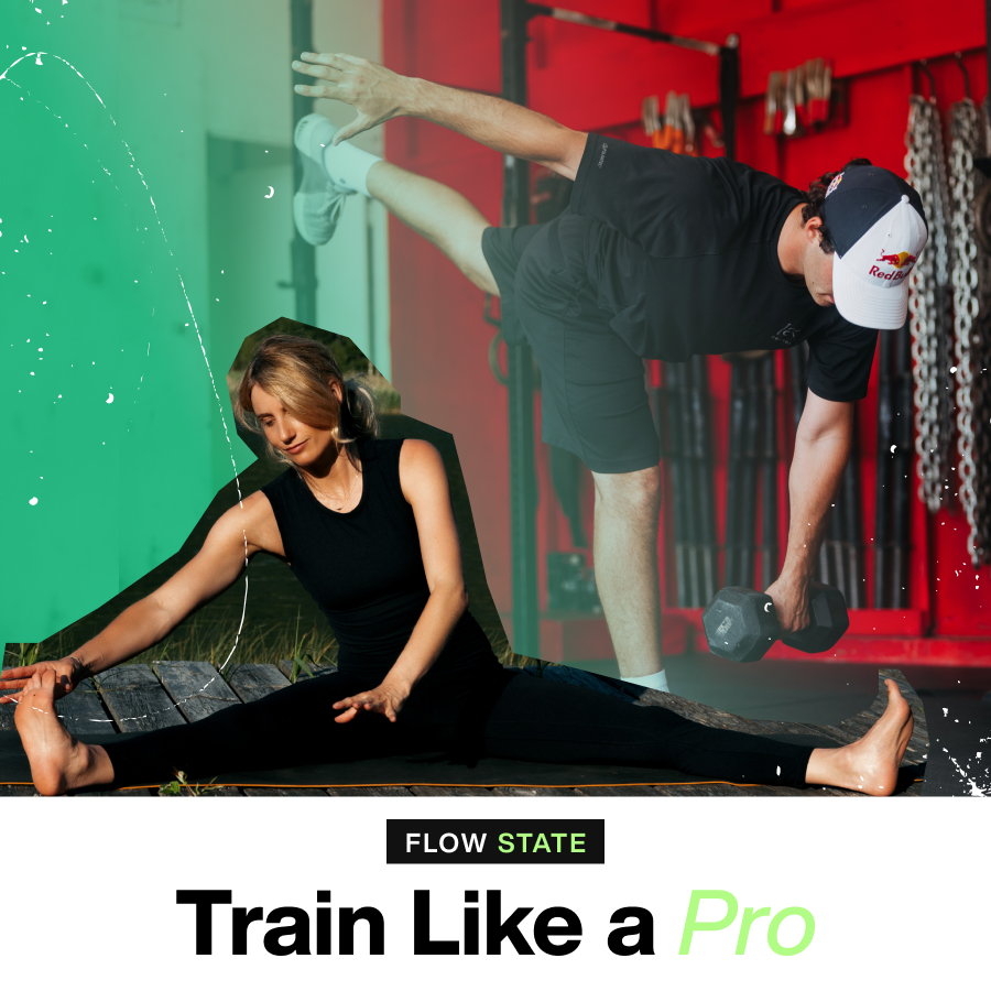 Burton Rider, Anna Gasser stretching and Luke Winkelmann in the gym with the text Flow State Train Like a Pro