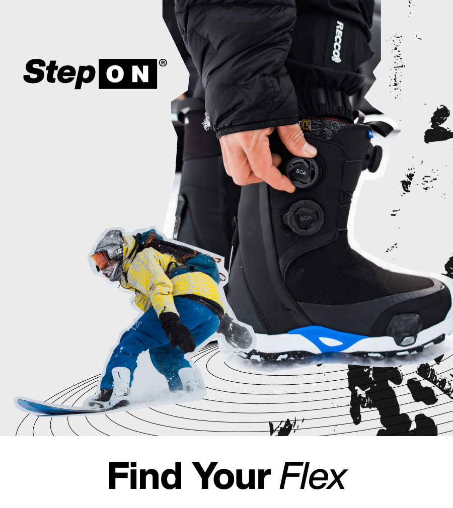 Close-up of the new Step On Waverange X Pro Snowboard Boot in black with the text 'Find Your Flex'