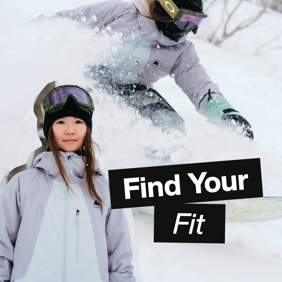 Snowboarder riding powder wearing Burton Outerwear with the text Find Your Fit