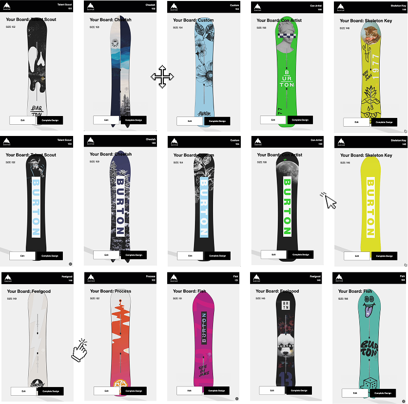 Screenshot of the different boards available to purchase on the Custom Board Shop