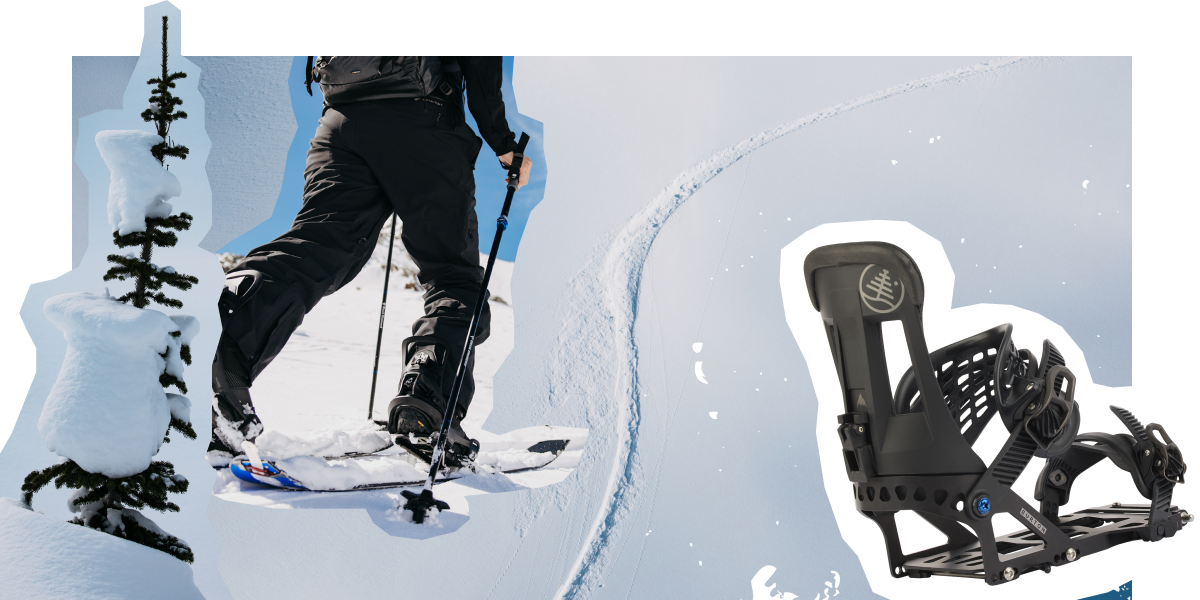 Splitboarder touring with Step On Split bindings on the left and an image overlay on the right of the Strap Split binding in black.