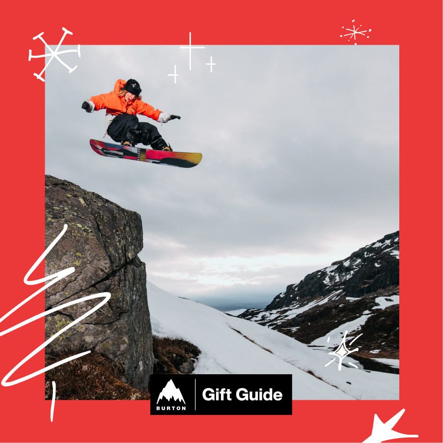 Burton Rider, Ylfa riding the Burton Review Snowboard off a rock with the text Burton Gift Guide