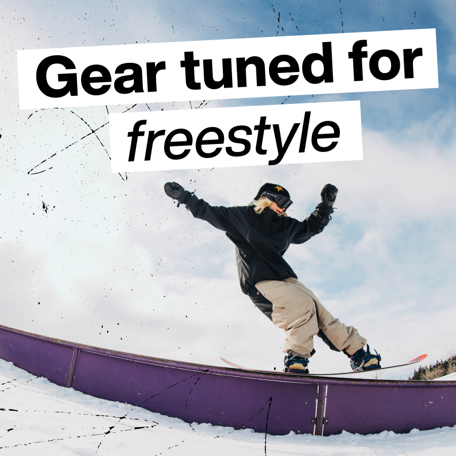 Burton Rider, Ylfa sliding a rail on a Burton Snowboard and in Burton Outerwear, with the text 'Gear tuned for freestyle'