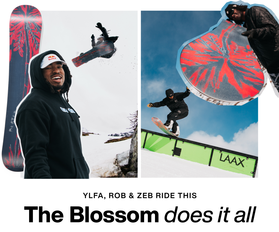 Image split 50:50 with Zeb on the left and Ylfa on the right, both riding the Blossom Snowboard with the text ' The Blossom does it all'