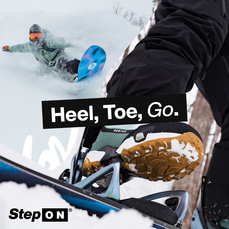Close-up shot of a Burton Step On Boot clicking into a Step On Binding in the snow, with the text 'Heel, Toe, Go'