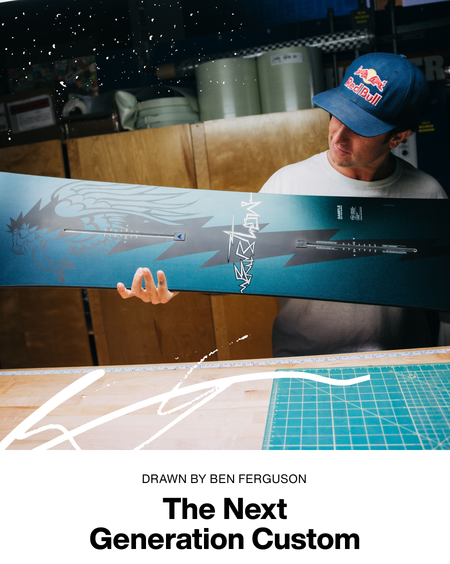 Ben Ferguson holding his hand-drawn Custom graphic in a workshop with the text 'Drawn by Ben Ferguson. The Next Generation Custom''