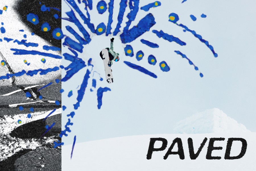 Image split in two with a black and white graphic on the left and a snowboarder jumping from a kicker in the backcountry on the right with the text 'PAVED'