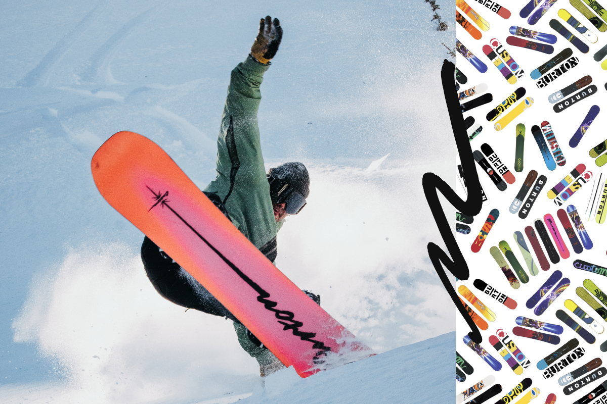 Image split in two with a snowboarder riding the Custom Snowboard on the left and a collage of the Custom snowboards from the last 30 years