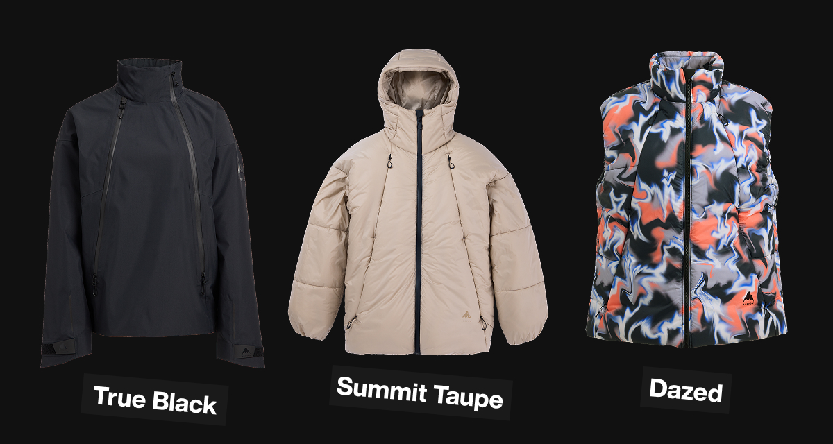 3 images of the Futuretrust Anorak in Black, the Jacket in Taupe, and the Vest in a multi-colored pattern