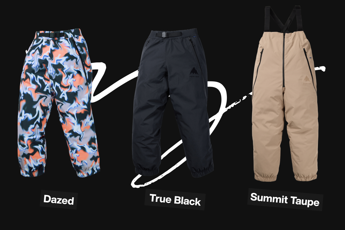 3 images of the Futuretrust pant in a multi-colored print, pant in black and the bib in taupe