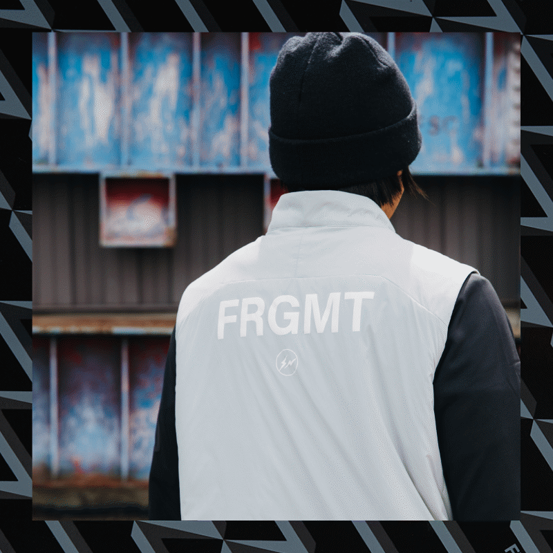 Gif showcasing the Burton x Fragment collaboration product featuring the jacket, pants, gilet, helmet and goggles.