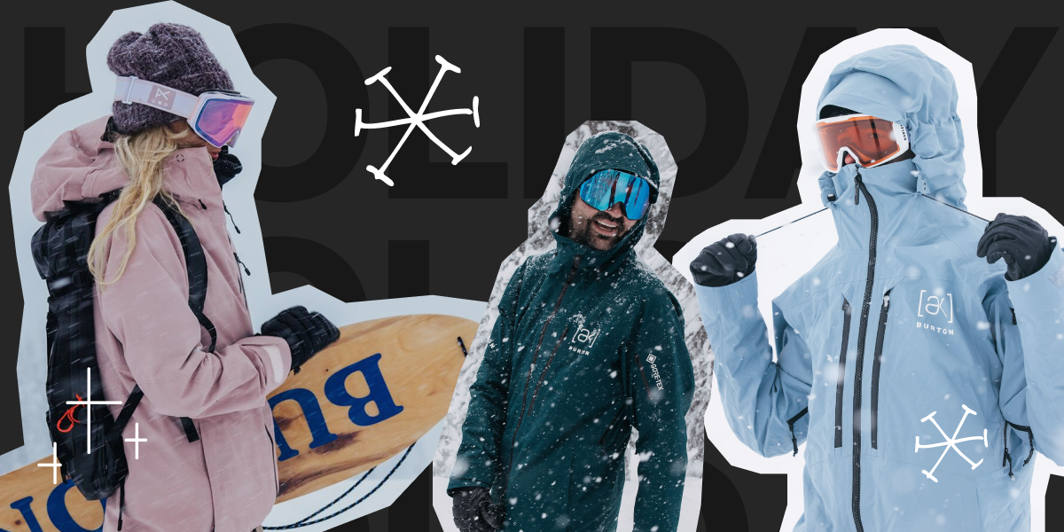 [ak]® Outerwear cut-outs being worn by people on the mountain, featuring the Women's [ak]® Upshift Jacket in shadow pink, the Men's [ak]® Cyclic in deep emerald, and the Men's [ak]® Swash in dusty blue.