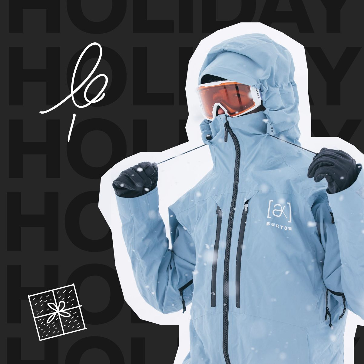 Cut-out image of a model wearing the Burton [ak] Swash Jacket in dusty blue. In the background, the text HOLIDAY is repeated.