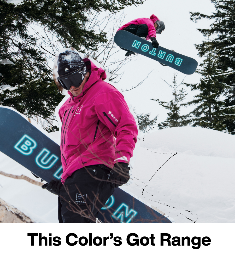 Male snowboarder wearing the Men's [ak] Hover Jacket in the color Very Berry.