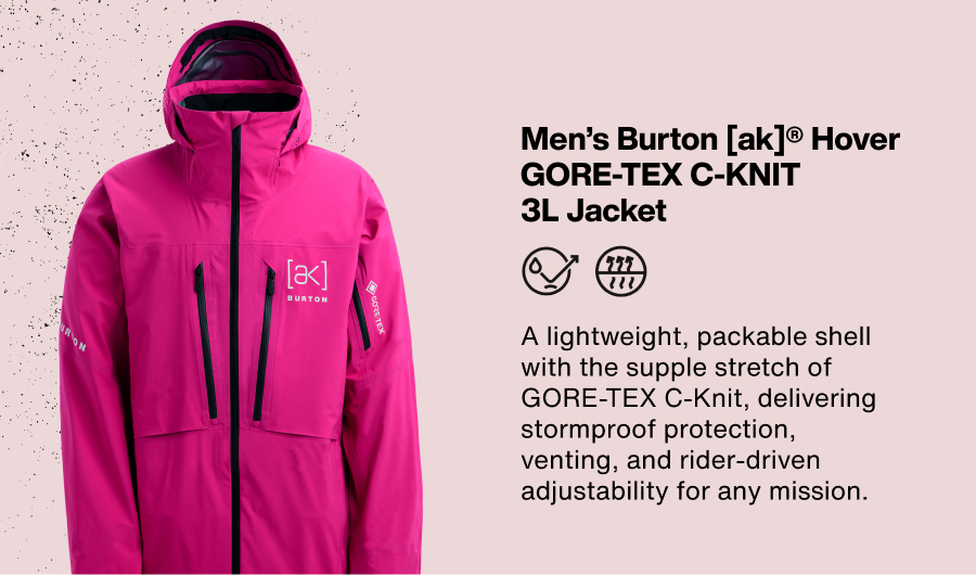 Men's [ak] Hover Jacket on the left in the color very berry. On the right the text: A lightweight, packable shell with the supple stretch of GORE-TEX C-Knit, delivering stormproof protection, venting, and rider-driven adjustability for any mission.