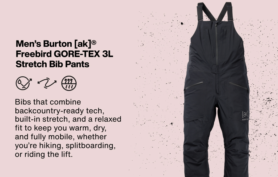 Men's [ak] Freebird Bib on the right in black. On the left the text: Bibs that combine backcountry-ready tech, built-in stretch, and a relaxed fit to keep you warm, dry, and fully mobile, whether you’re hiking, splitboarding, or riding the lift.