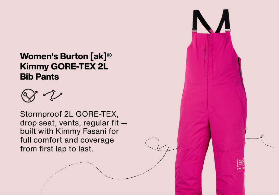 Women's Burton [ak]® Kimmy GORE-TEX 2L Bib Pants on the right in black. On the left the text: Stormproof 2L GORE-TEX, drop seat, vents, regular fit — built with Kimmy Fasani for full comfort and coverage from first lap to last.
