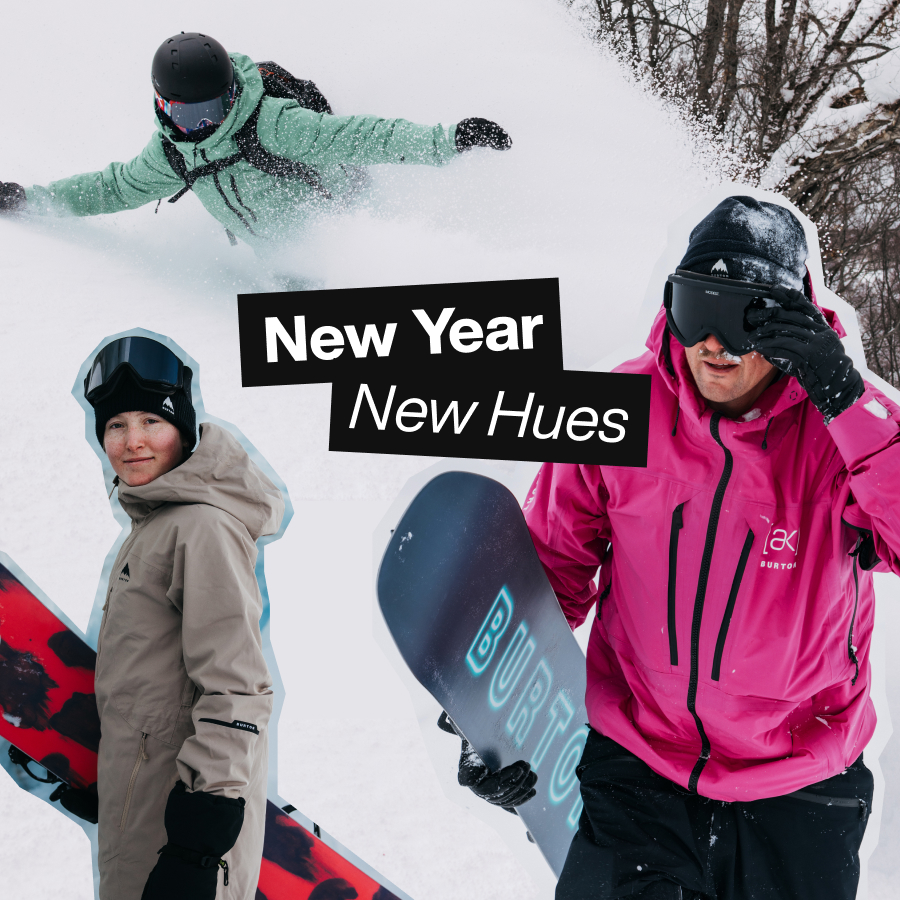 Three Burton riders wearing Burton Reserve and [ak] Outerwear in sage green, summit taupe, and very berry. Overlay text 'New Year. New Hues.'