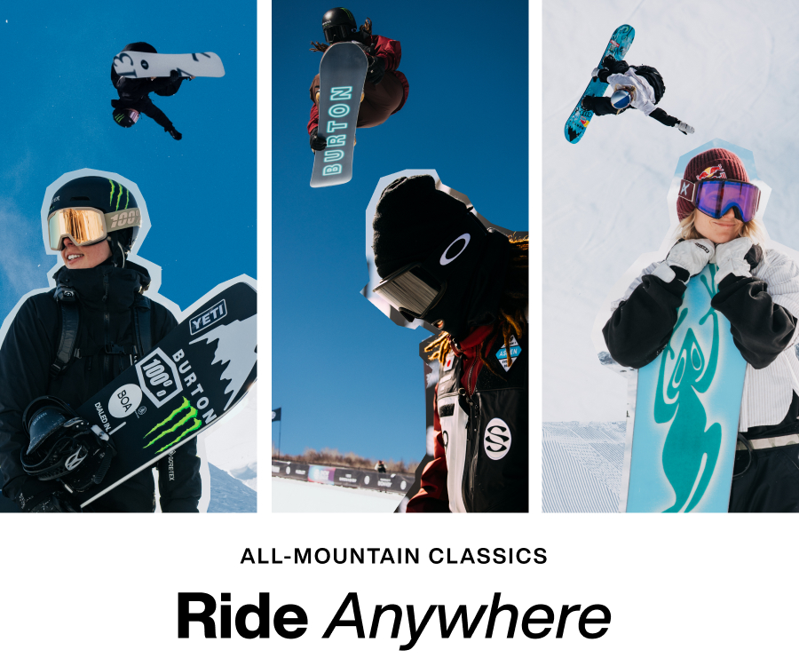 33:33 split image of three all-mountain snowboards with the text 'All-Mountain Classics. Ride Anywhere'