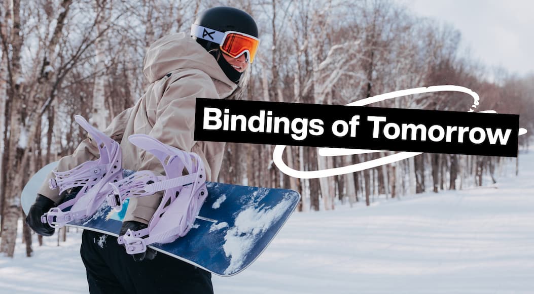Snowboarder carrying their snowboard behind their back with the new Women's Lexa Re:Flex Bindings. The text "Bindings of Tomorrow" is overlaid.