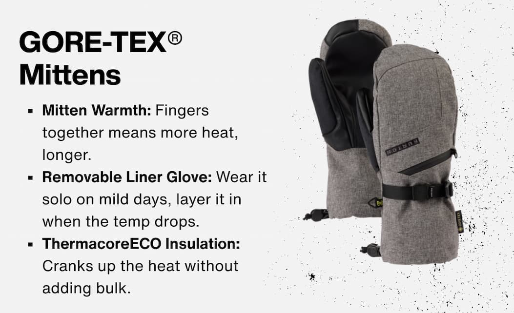 GORE-TEX® Mittens: ThermacoreECO Insulation; Screen Grab® Tech on All Fingers; Removable Liner Glove