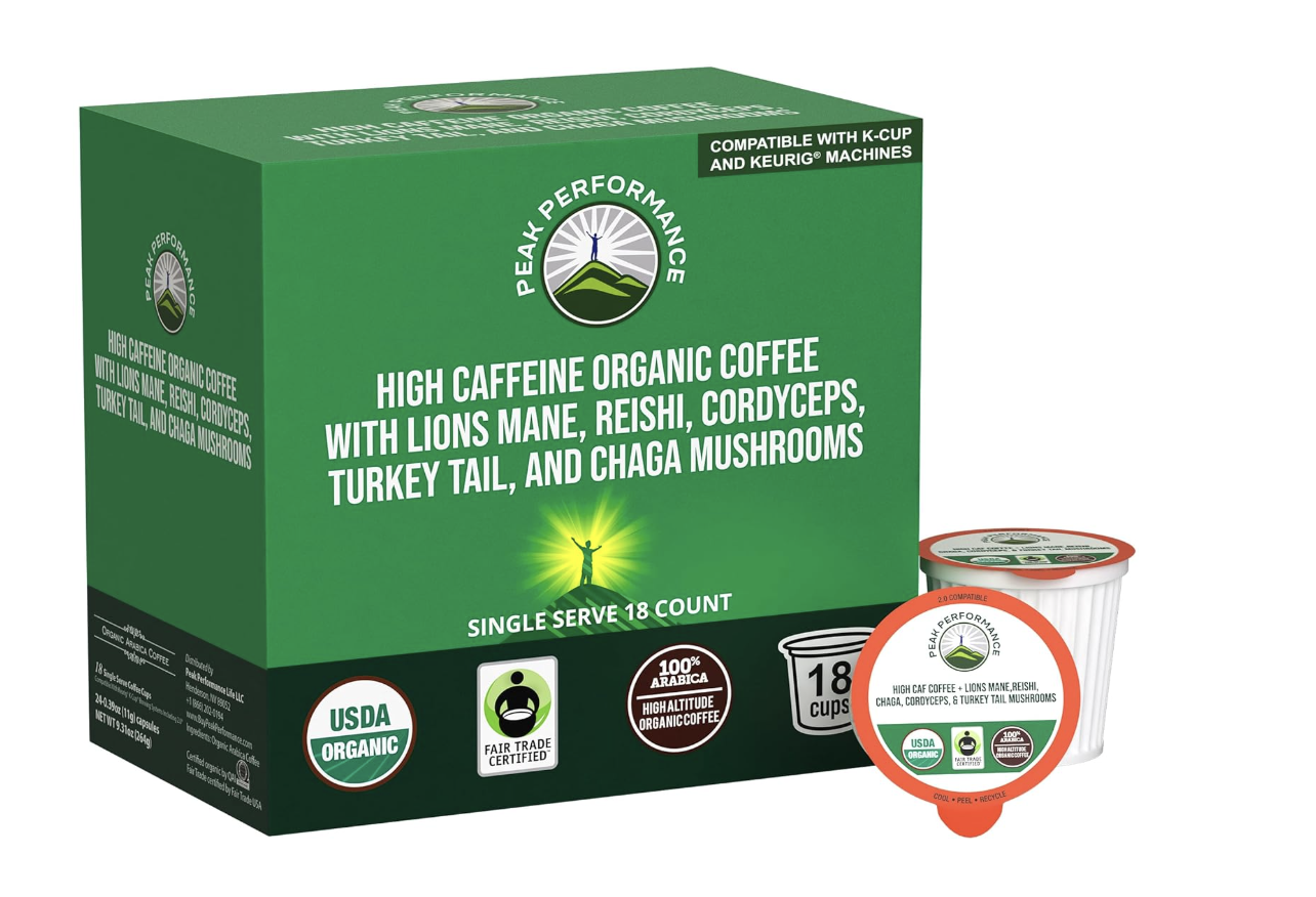 Peak Performance High Caffeine Organic Coffee with Lions Mane, Reishi, Cordyceps, Turkey Tail, and Chaga Mushrooms