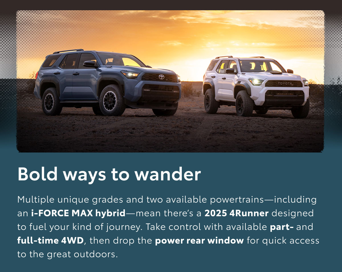 Under a setting sun, two 4Runners are parked in a remote area. Explore 4Runner.