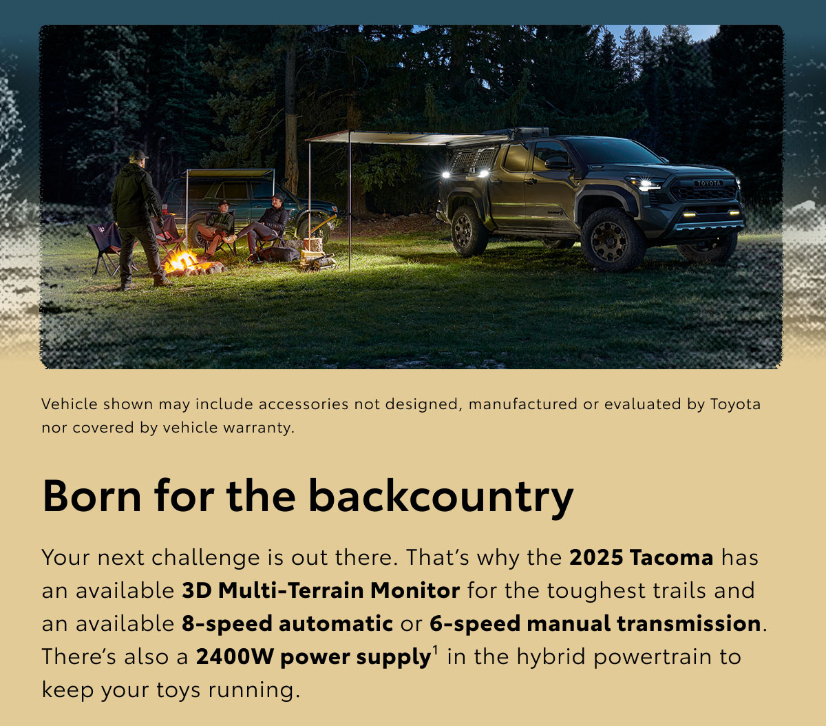 On a grassy area, three men sit around a campfire next to a parked Tacoma. Explore Tacoma.