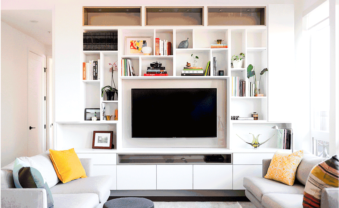 Animated photo of media center with lighting on and off