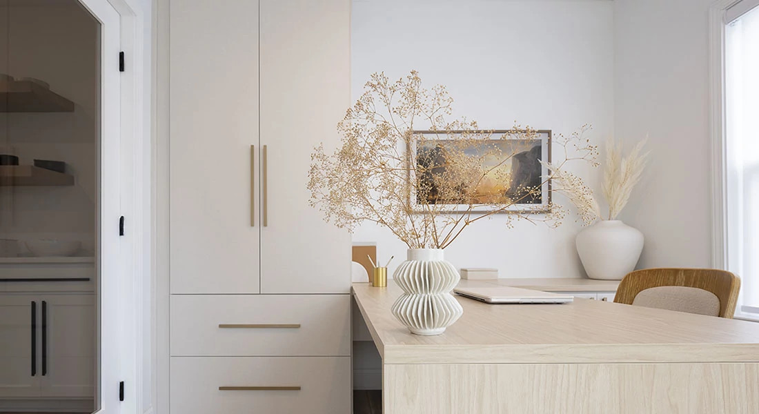 Photo of the workspace area with lighter finishes