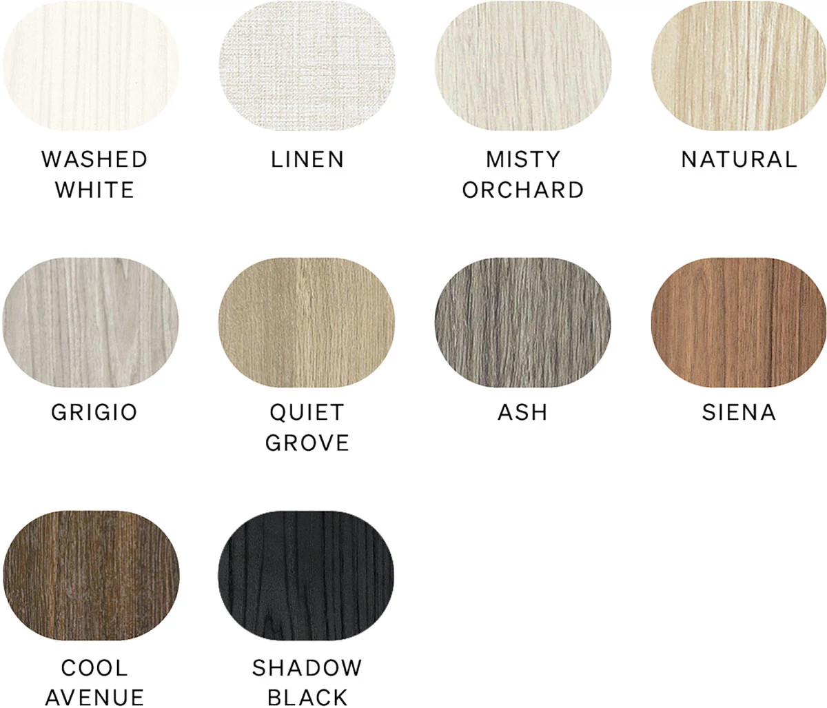Washed White, Linen, Misty Orchard, Natural, Grigio, Quiet Grove, Ash, Siena, Cool Avenue, Shadow Black